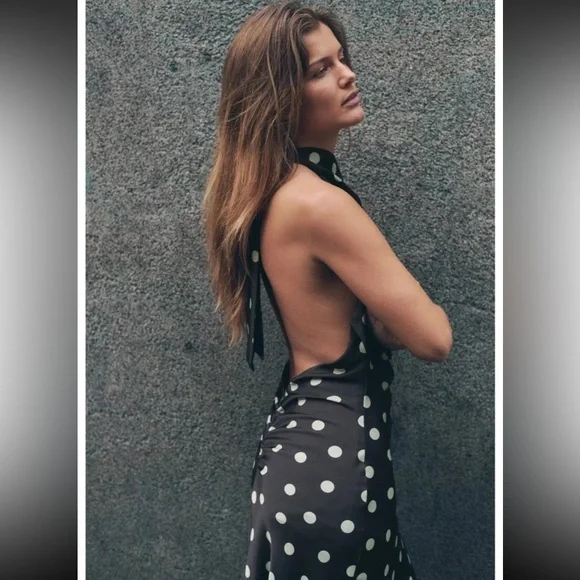 ZARA POLKA DOT SATIN MIDI DRESS - Picture 9 of 15